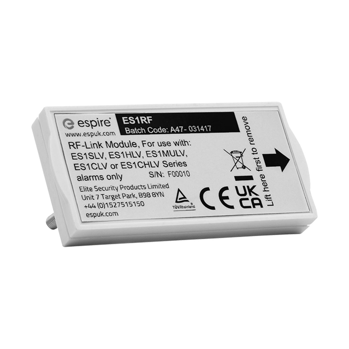 Espire ES1RF RF interlink module in white plastic casing with printed product label, shown on a plain white background.