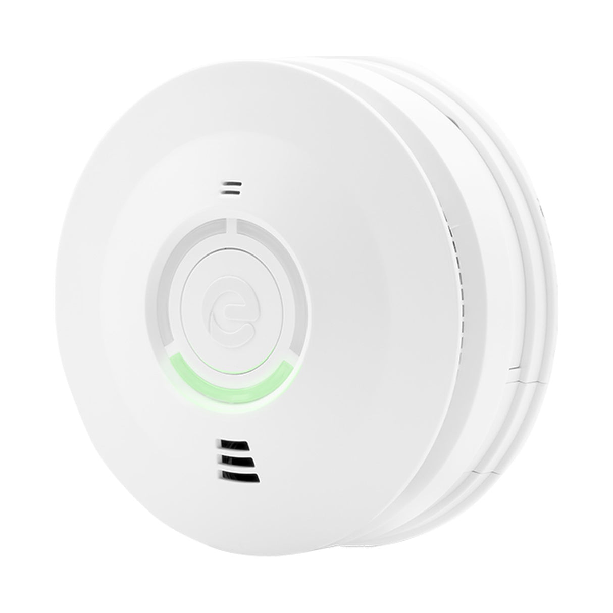 Espire Optical Smoke Alarm with mains power and 10 year battery backup, round white casing with central test button and green indicator light.