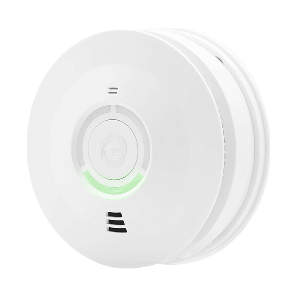 Espire Optical Smoke Alarm in white ABS with central test button, green indicator light, and side vents, shown on a plain background.