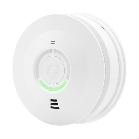 Espire Optical Smoke Alarm in white ABS with central test button, green indicator light, and side vents, shown on a plain background.