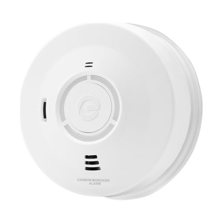 Espire ES1CL round white carbon monoxide alarm with central test button and vented sensor grille, shown against a plain white background.