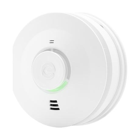 Espire Heat Alarm with round white ABS casing, central test button, green status light and side vents, shown on a plain white background.