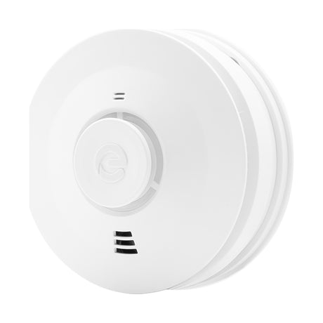 Espire Smoke and Heat Alarm in white with central test button and sensor vent, powered by a sealed 10 year lithium battery, on a white background.