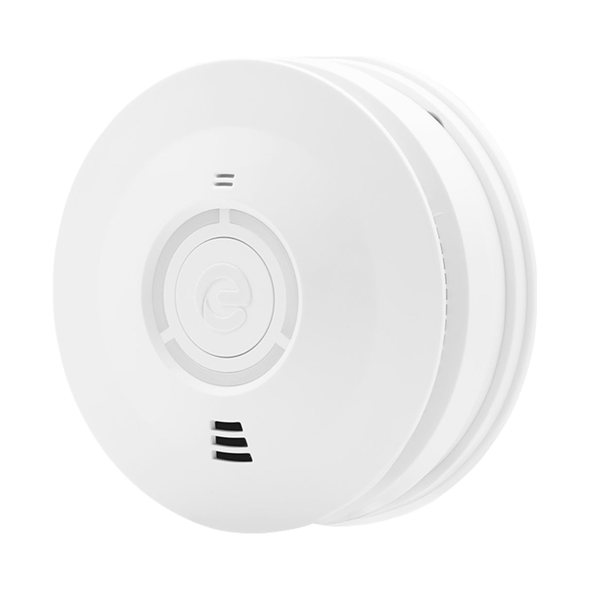 Espire optical smoke alarm in white ABS with central test button and sensor vents, 10 year sealed lithium battery, shown on a plain background.