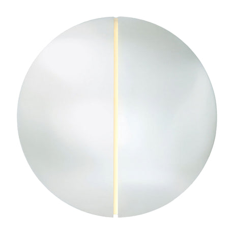 Luna Light LED Two Piece Round Wall Mirror, 200cm, frameless glass disc split into two halves with a vertical LED strip lit along the central seam, on a plain white background.