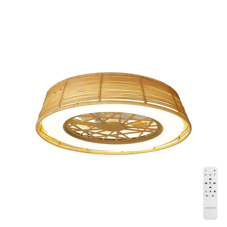 Indonesia Ceiling Fan with Light 56cm, round beige woven rattan drum shade with integrated LED and centre fan blades, shown with remote control on a white background.