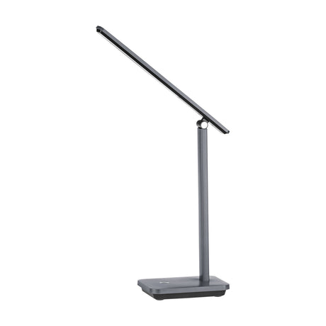 Iniesta LED touch table lamp in grey and black, with a slim bar-shaped head on an adjustable hinge, narrow upright stem, and square base, shown on a plain white background.