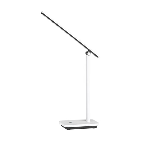 Iniesta LED touch table lamp with a slim angled black bar head on a white pivoting stem, set on a rectangular white base with black underside, shown on a plain white background.