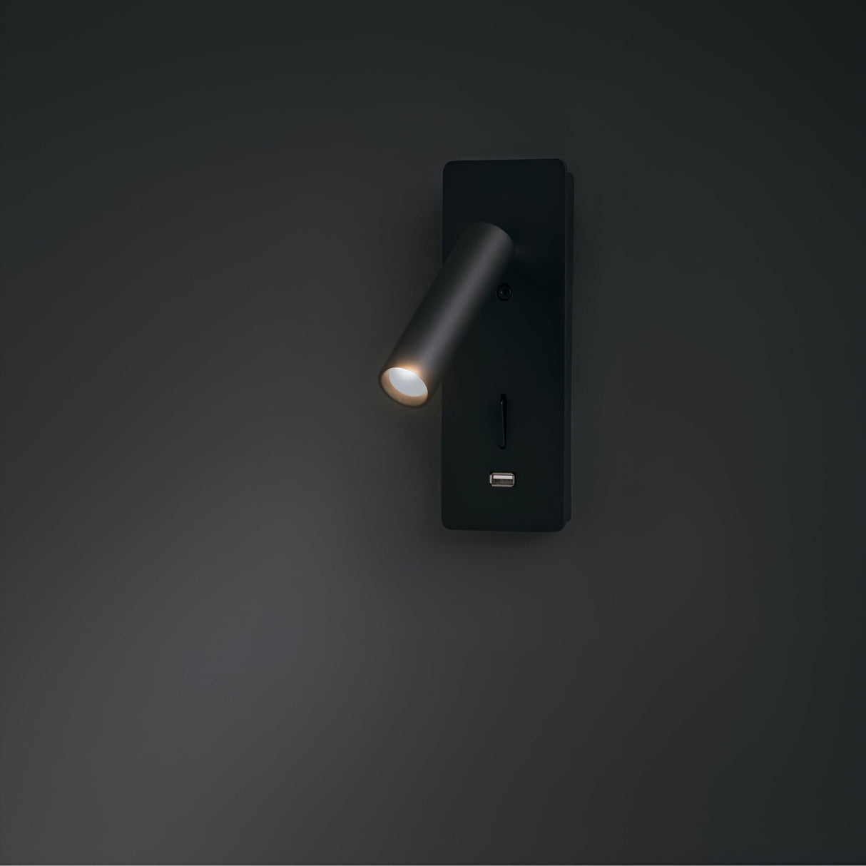 The Mirax LED Swivel Rectangular Wall Light in black, featuring a cylindrical adjustable head and swivel mechanism, is showcased against a dark backdrop. This energy-efficient design includes a USB charging port at its base.