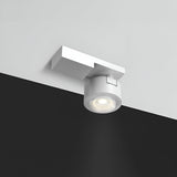 The Treo LED Single Spotlight 13W 3000K features a modern white design with a cylindrical light and square base, mounted on a contrasting black and white ceiling. Emitting a focused 36° beam, it provides energy-efficient, warm lighting for the room.