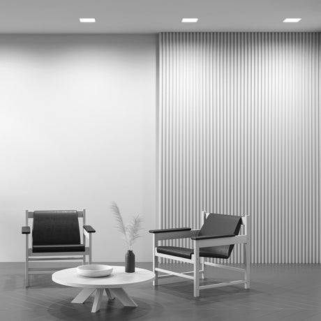 Interior view of Okno LED Square Recessed Downlight in White with a wide-angle, providing efficient ambient lighting in modern interiors.