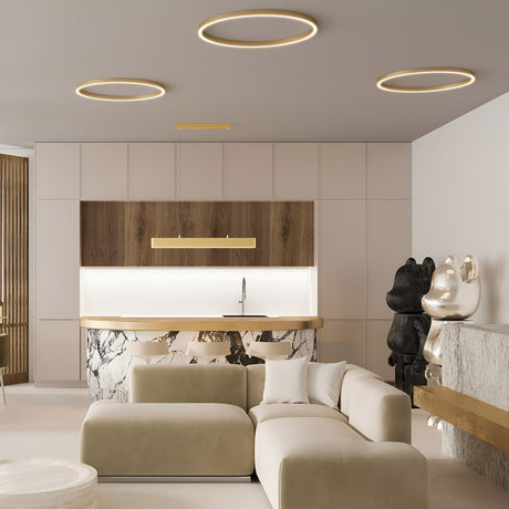 Interior setting showcasing Rim LED Tri Circular Suspension Light in Brass, adding warmth and sophistication to the room.