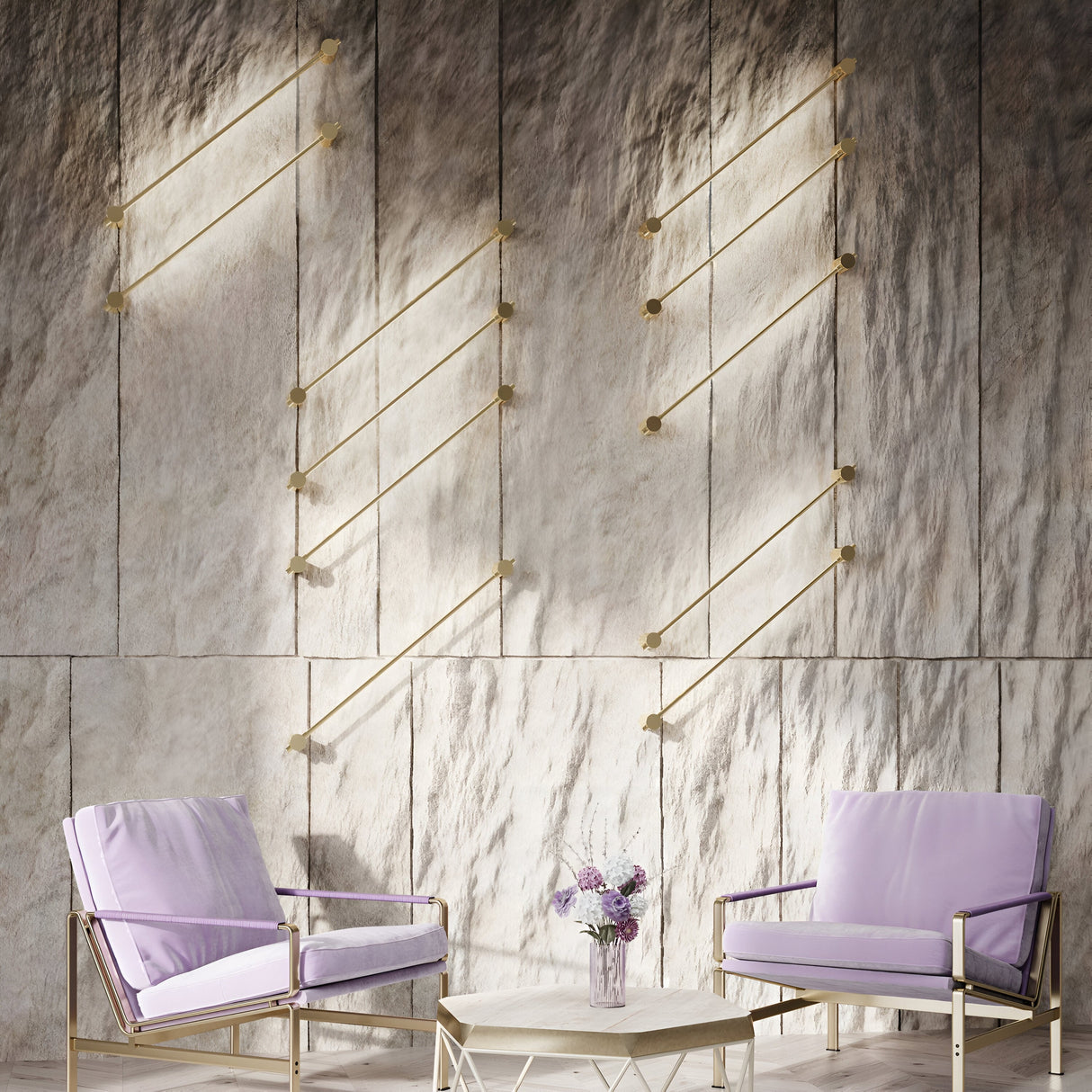 Two modern lavender chairs face each other with a small white table between them set with a vase of purple flowers. In the background, textured walls feature Rotta LED Wall Light 8W 3000K - Gold, creating adjustable geometric lighting for any mood.