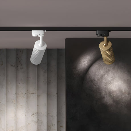 The interior view features modern track lighting with the Focus Design Single Phase Unity Track Spotlight in white, showcasing two cylindrical lights—one white and one gold—illuminating a textured wall. The sleek, contemporary design offers adjustable directional lighting to brighten the darkened area.