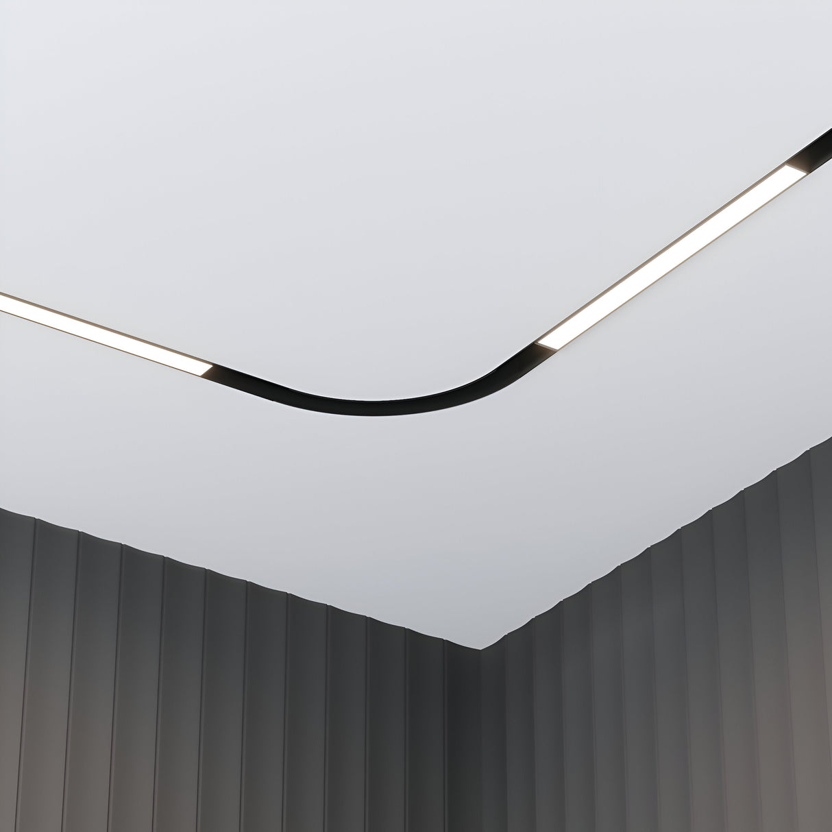 A modern, minimalistic room corner features sleek, dark vertical wall panels and is illuminated by the Basis CCT LED Dimmable Linear Track Light for Magnetic Exility 12W 2700-6000K in black on a white ceiling, creating a stylish and contemporary ambiance.