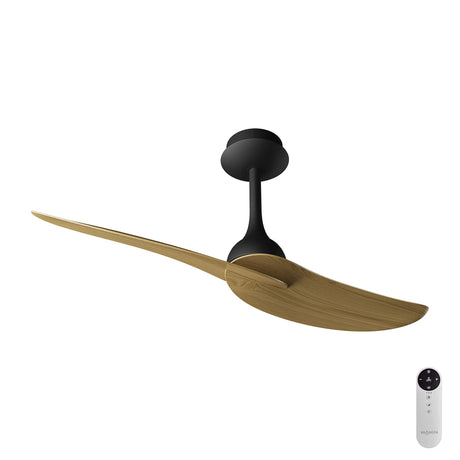 Ipanema 1.06m Ceiling Fan with Light in black, featuring two curved wood-finish blades on a black downrod and motor housing, shown with its white remote control against a plain white background.