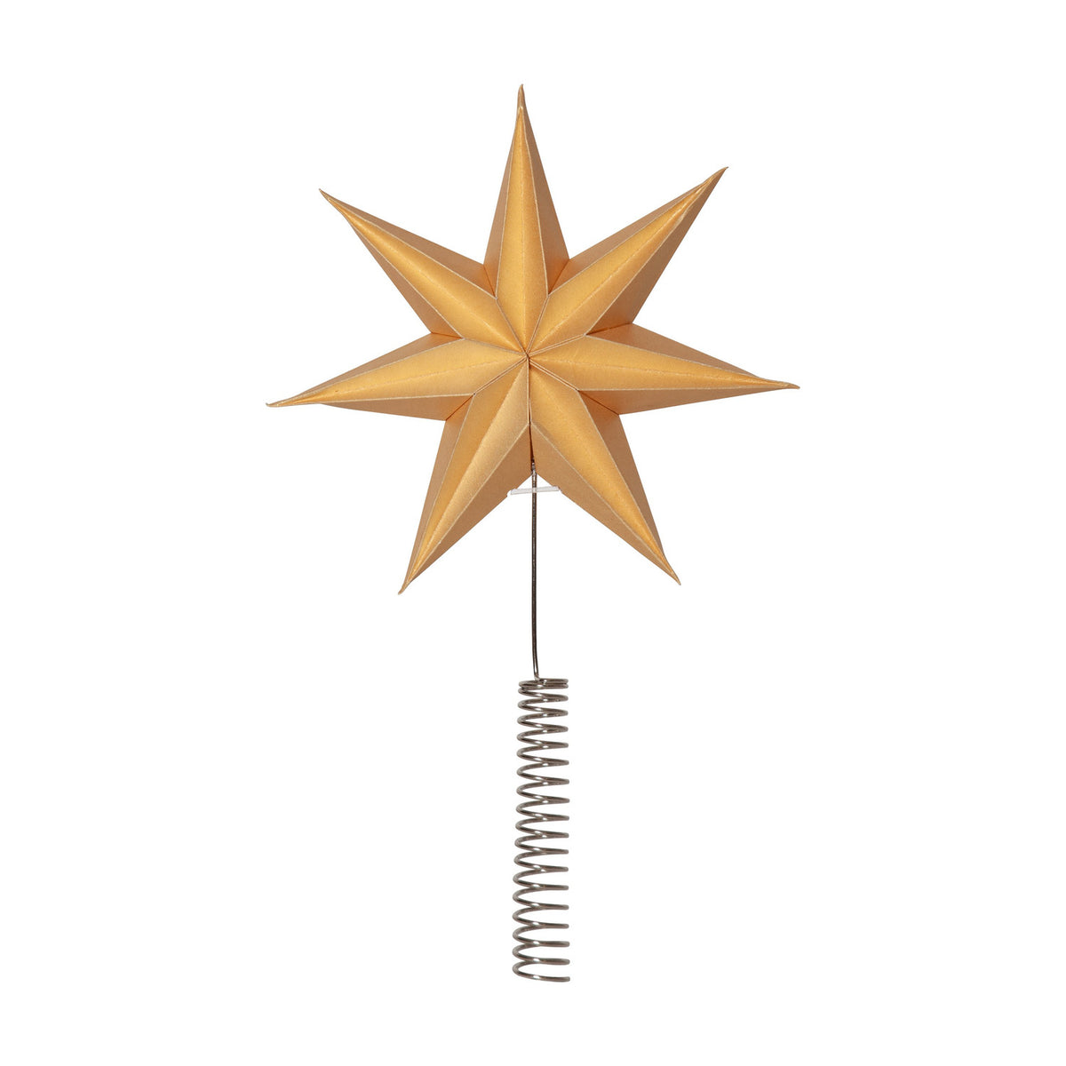 Isa Christmas Tree Topper in gold paper, a seven-point star with ridged faces on a silver steel coiled spring, shown on a plain white background.
