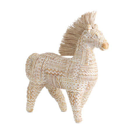 Ishikari Horse Ornament, a standing polyresin figurine in white, gold and brown with geometric patchwork relief patterns and a textured fibrous mane, shown on a plain white background.