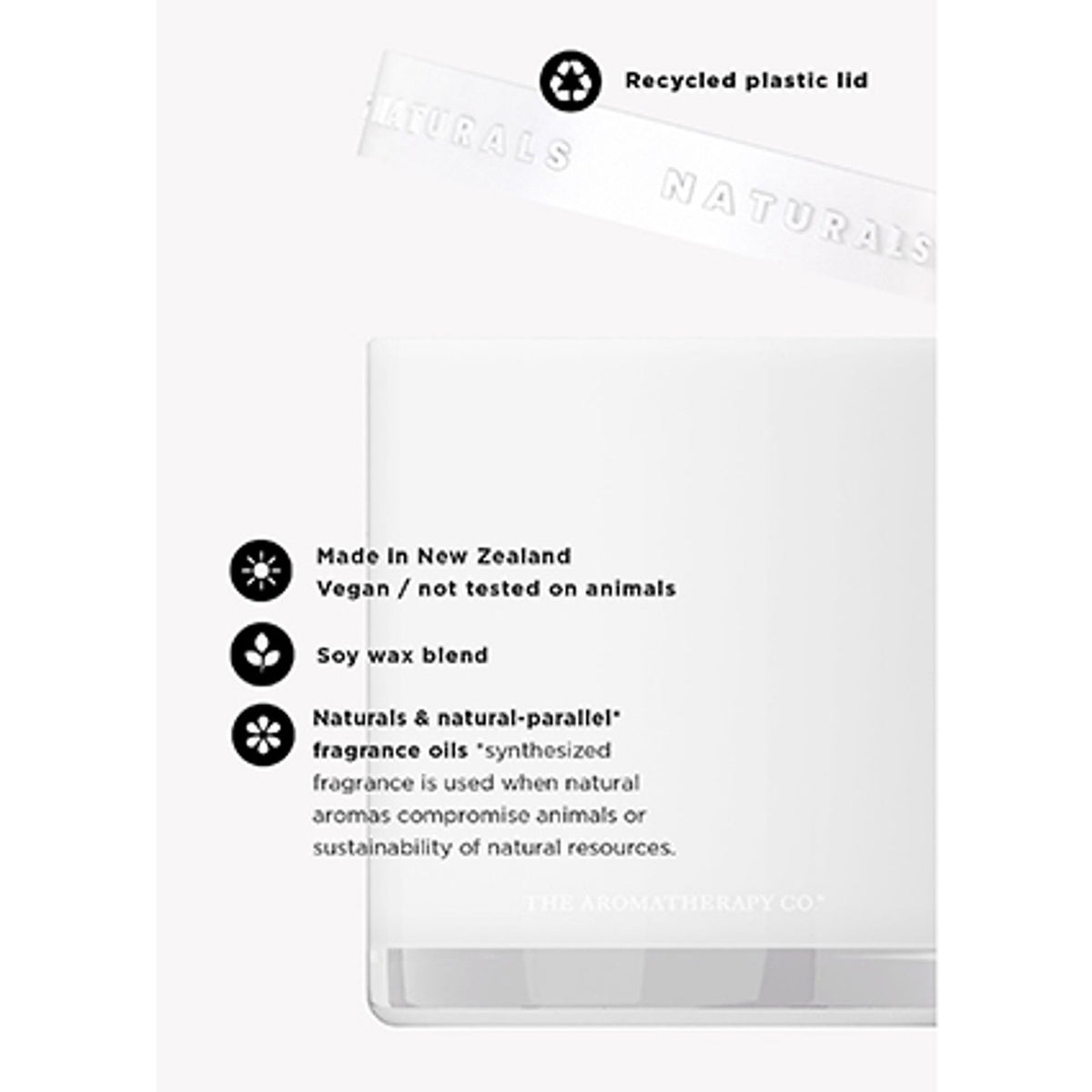 White round scented candle vessel with recycled plastic lid, Neroli & Amber Wood 400g, showing feature icons for vegan soy wax blend made in New Zealand.