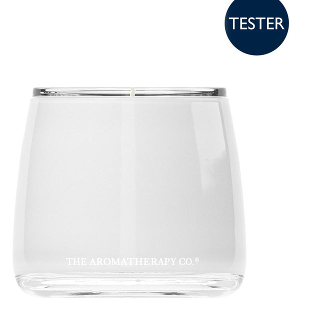 Restore Wild Berry & Jasmine 260g scented candle tester in a round, glossy white glass vessel with clear rim and base, on a plain white background.