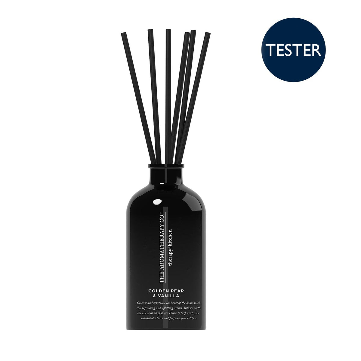 Golden Pear & Vanilla Kitchen Tester Reed Diffuser 250ml in a glossy black bottle with black label and slim black reeds, shown on a plain white background with a "Tester" badge.