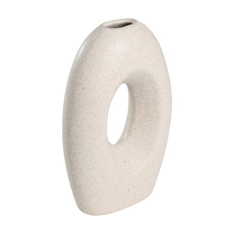 Iwate Ceramic Vase 21cm in beige, a flat oval shape with a central cut-out opening and a speckled textured finish, shown on a plain white background.