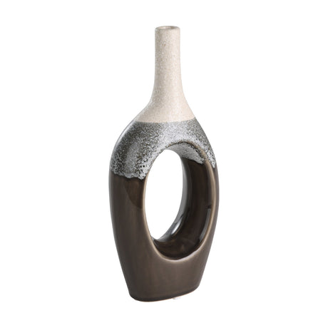 Iwate ceramic vase with open oval body and narrow bottle neck, beige speckled top shading into grey speckle and glossy brown-black base, shown on a white background.