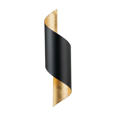 Jabaloyas Wall Light in matt black steel, curled into a spiral shape with a gold leaf interior, shown on a plain white background.