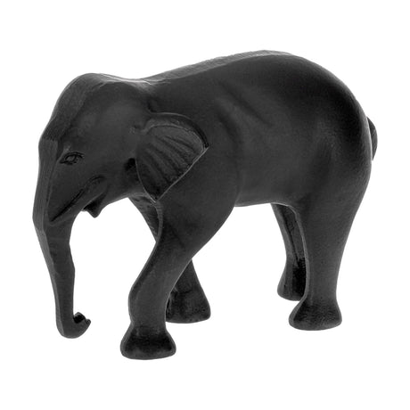 Jabonga Elephant Ornament in black aluminium, a handmade figurine walking mid-stride with lowered trunk, spread ears and lightly textured skin-like surface, shown on a plain white background.