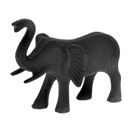 Jabonga Elephant Ornament, a black aluminium sculpture with raised trunk, forward-pointing tusks and textured ridged surface, shown on a plain white background.