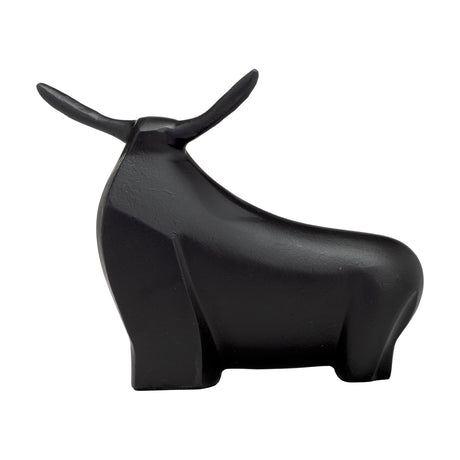 Jagna Bull Ornament, a faceted black aluminium bull figurine with long upswept horns and a textured matte finish, shown on a plain white background.