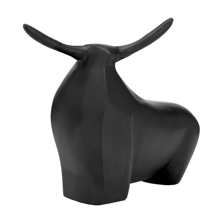 Jagna Bull Ornament, a faceted black aluminium bull figurine with long upswept horns and a textured matte finish, shown on a plain white background.