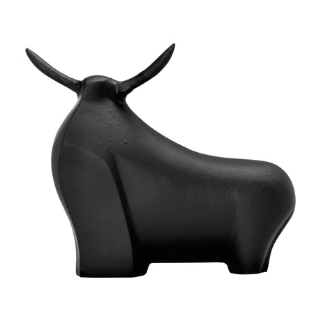 Jagna Bull Ornament 26cm in black aluminium, a stylised figurine with rounded body, dipped back and slender upward horns, shown on a plain white background.