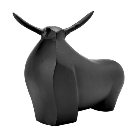 Jagna Bull Ornament 26cm - black aluminium sculpture with rounded body, angled chest planes, and slender upswept horns, shown on a plain white background.