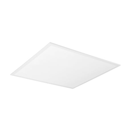 Jamessa LED Panel Light, a square 59.5 x 59.5cm flat ceiling fixture with a white aluminium frame and smooth white plastic diffuser, shown at an angle on a plain white background.