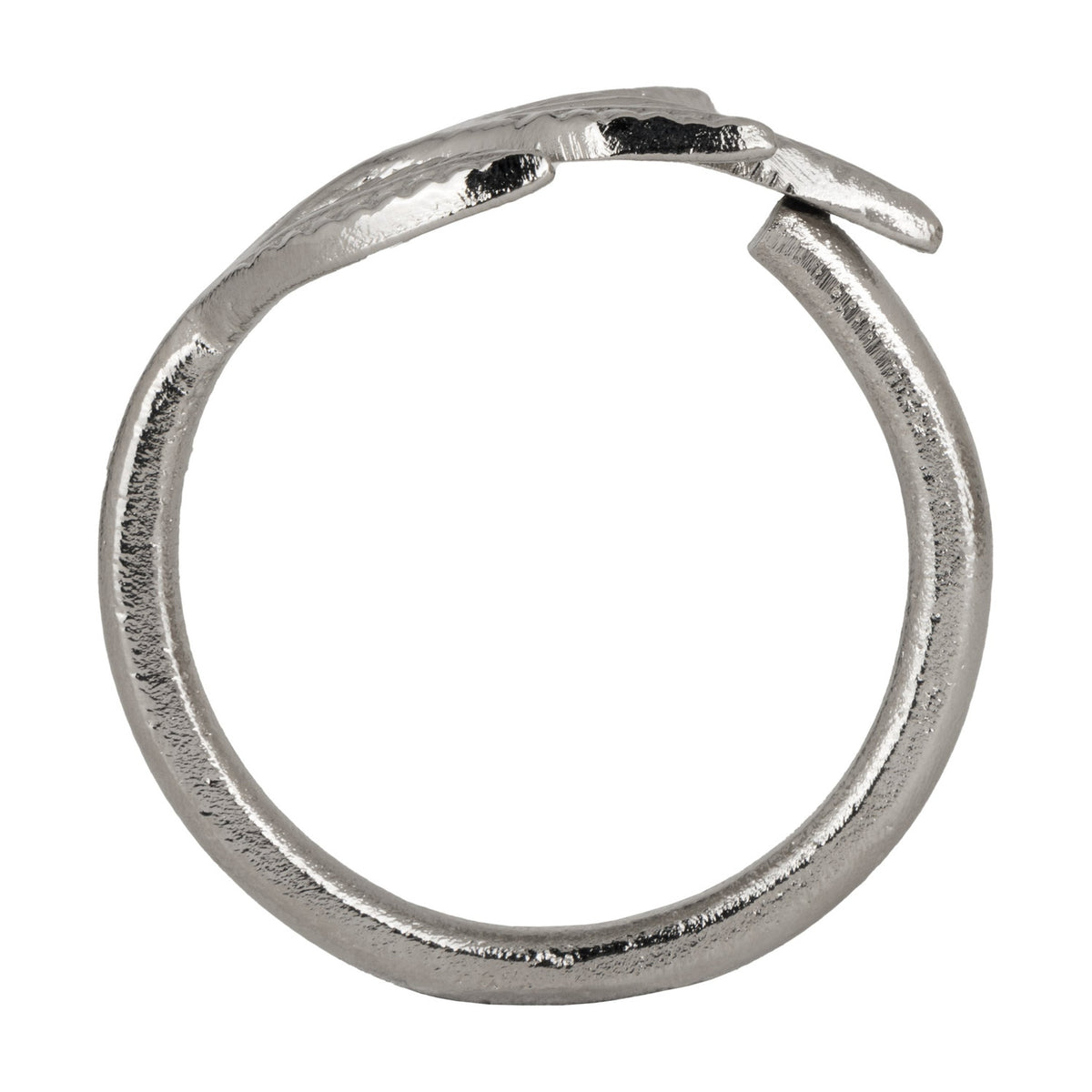 Janapur Napkin Ring in silver aluminium, a round band with a cast open leaf detail at the top, shown on a plain white background.