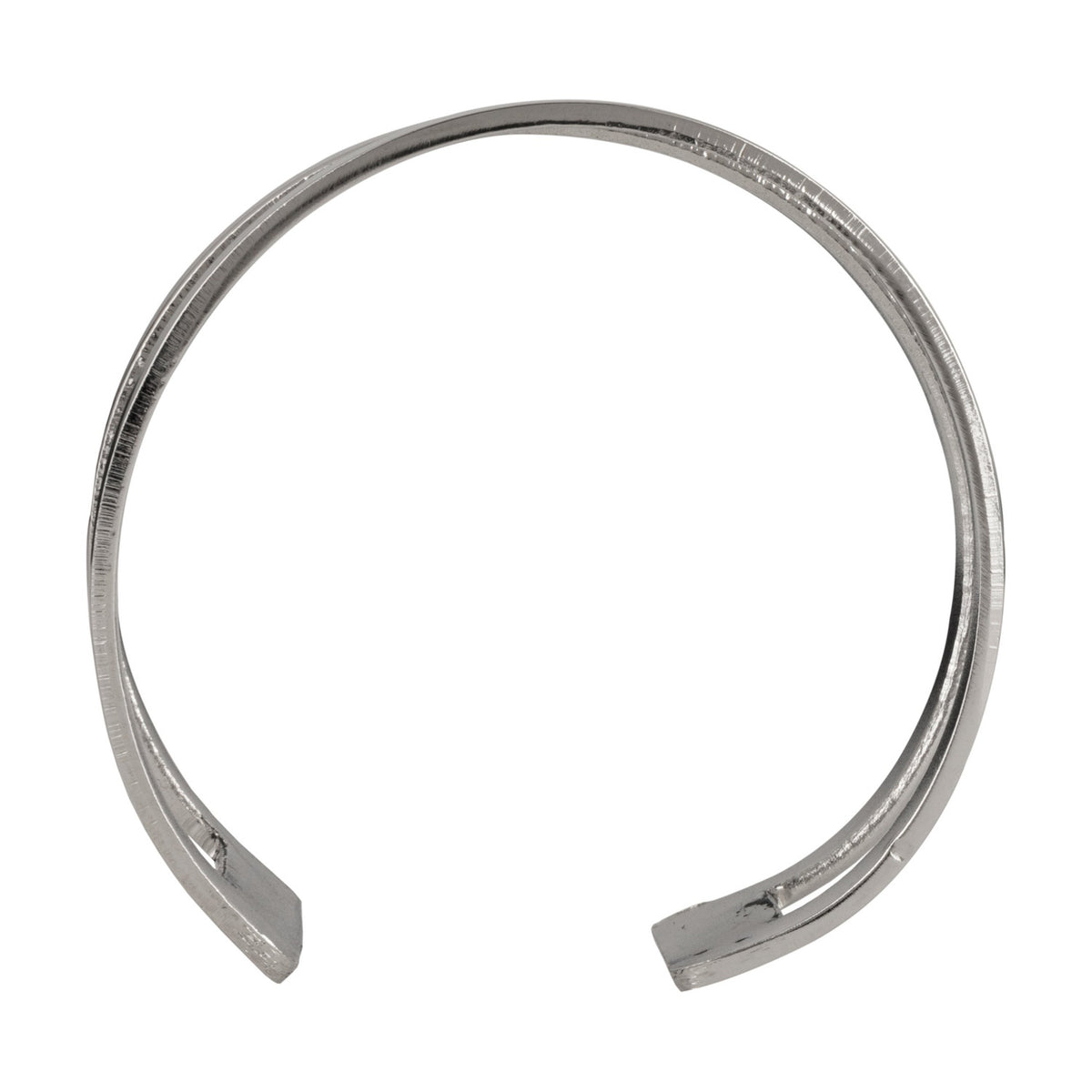 Janapur silver metal napkin ring, 5 x 5cm, formed from twin curved open bands joined at a flat base, polished finish, shown on a plain white background.