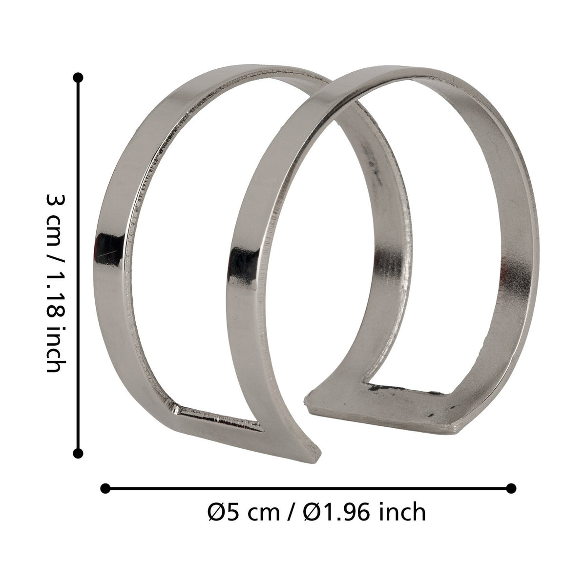 Janapur napkin ring in polished silver metal, formed from twin curved open bands joined at a flat base, measuring 5cm across and 3cm high, shown on a white background.