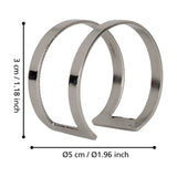 Janapur napkin ring in polished silver metal, formed from twin curved open bands joined at a flat base, measuring 5cm across and 3cm high, shown on a white background.