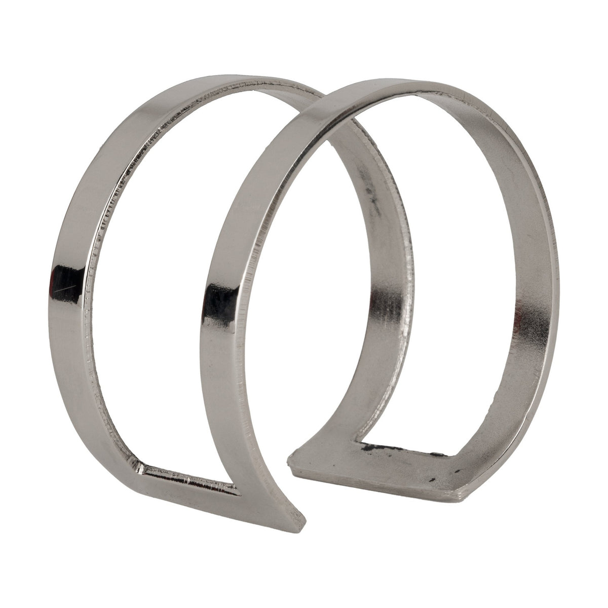 Janapur silver napkin ring in polished metal, formed from twin curved open bands joined at a flat base, 5 x 5cm, shown on a plain white background.