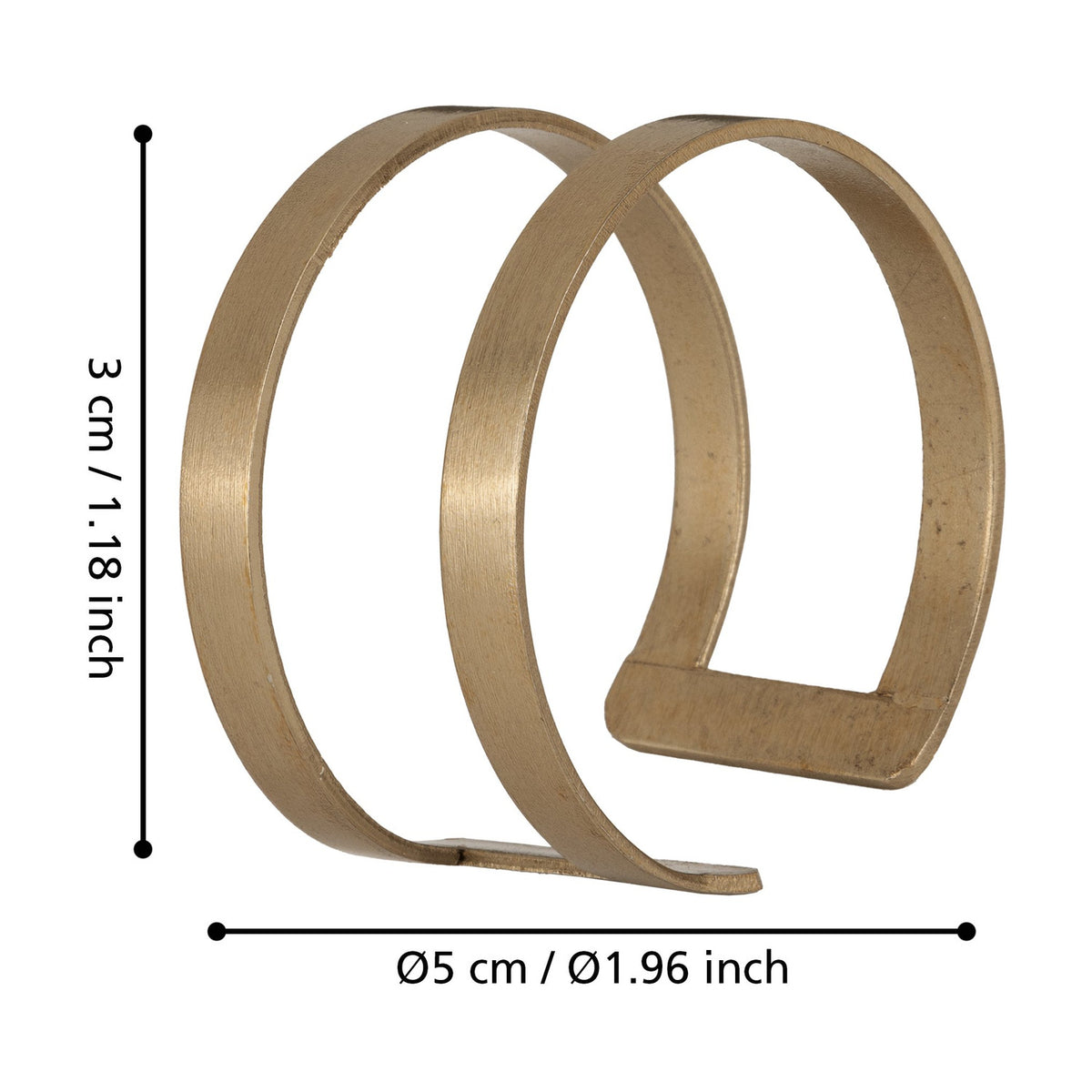 Janapur Napkin Ring in gold metal, formed from two slim open bands joined by flat bridges, shown with dimension labels of 3cm height and Ø5cm on a white background.