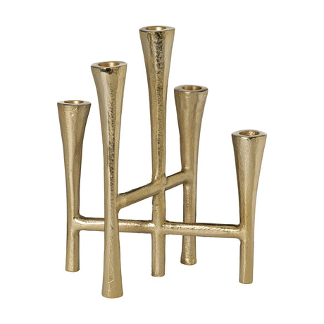 Jellicoe Candelabra in gold aluminium with five tapered cups at staggered heights, joined by slim crossbars on a textured finish, shown on a plain white background.