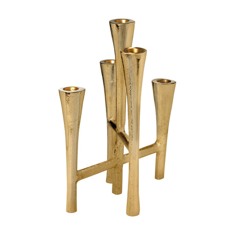 Jellicoe Candelabra in gold aluminium with five tapered cups at staggered heights, slim flared stems joined by crossbars, on a plain white background.