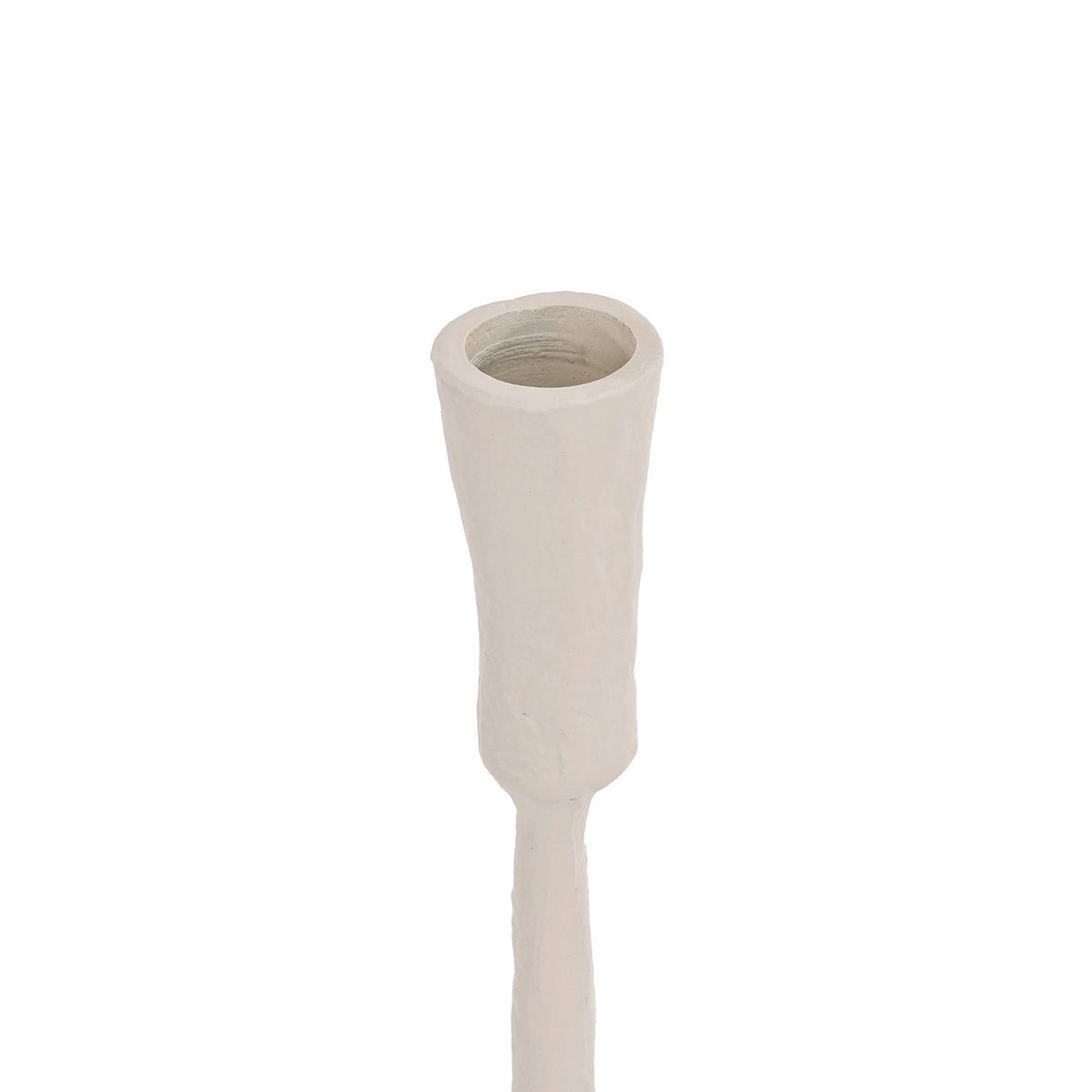 Close-up of the Jellicoe Candle Holder 30.5cm in cream aluminium, showing the flared taper-candle cup atop a slender, textured stem against a plain white background.
