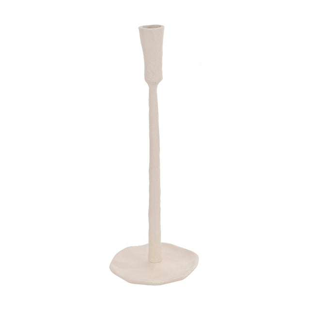 Jellicoe Candle Holder 30.5cm in cream aluminium, with a slender textured stem, flared cup for a taper candle, and an irregular flat base, shown on a plain white background.