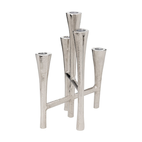 Jellicoe Candlestick in nickel-finished aluminium, featuring five slender branches of staggered heights with flared cup tops, joined by a crossbar base, shown on a plain white background.