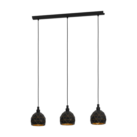 Jelvine Linear Pendant Light in black and gold, featuring a black ceiling bar with three faceted steel shades on slim cords, each with gold lining and cut-outs, shown on a white background.