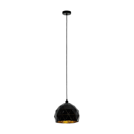 Jelvine 30cm Pendant Light in Black & Gold, featuring a faceted steel dome shade with black exterior and gold interior, hung on a black cable with matching ceiling rose.