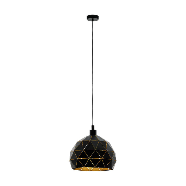 Jelvine Pendant Light 40cm in black steel with a geometric triangular-faceted dome shade, gold seam lines, gold interior lining, black cable and ceiling rose, shown on a white background.