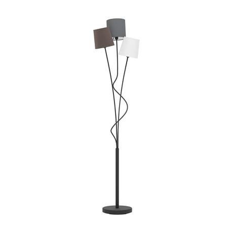 Jemenne Floor Lamp in black steel with three slim curving arms holding anthracite, white and brown fabric shades, on a round base against a plain white background.